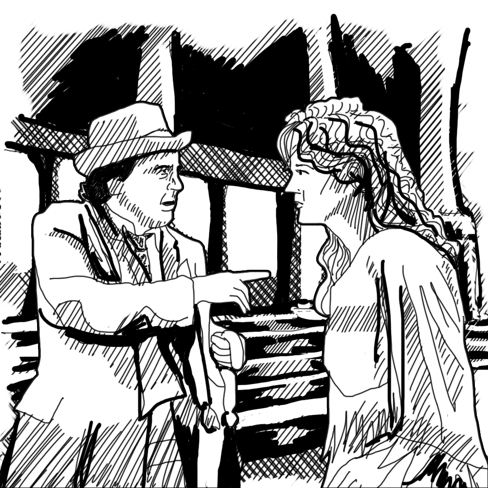 A short man wearing a straw hat speaks urgently to a woman in a home-made dress.
